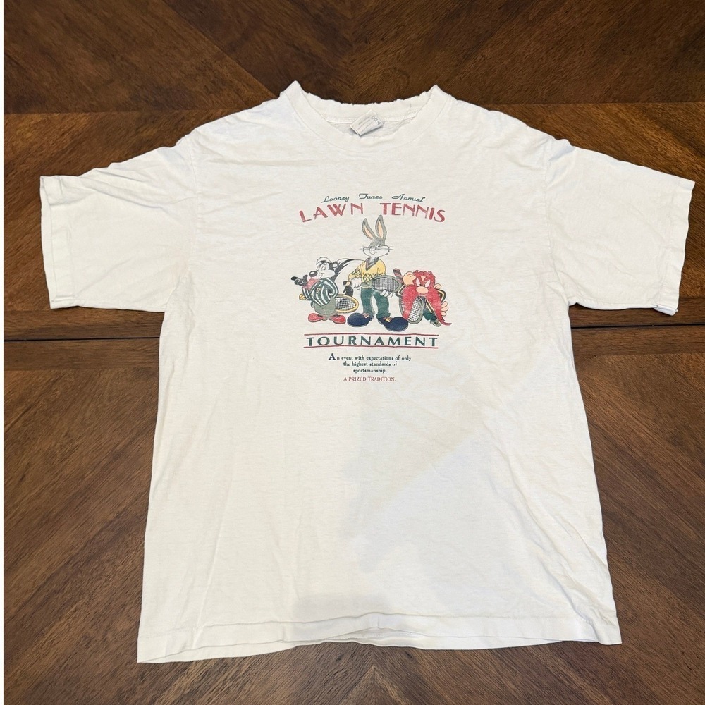 Vintage 1991 Looney Tunes Lawn Tennis T-Shirt Acme‎ Clothing Co White Large USA